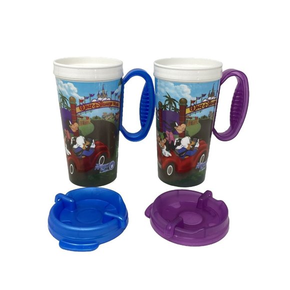 Set 2 Disney World Rapid Fill Refillable Whirley Travel Mugs Cups Purple Blue - Picture 4 of 6